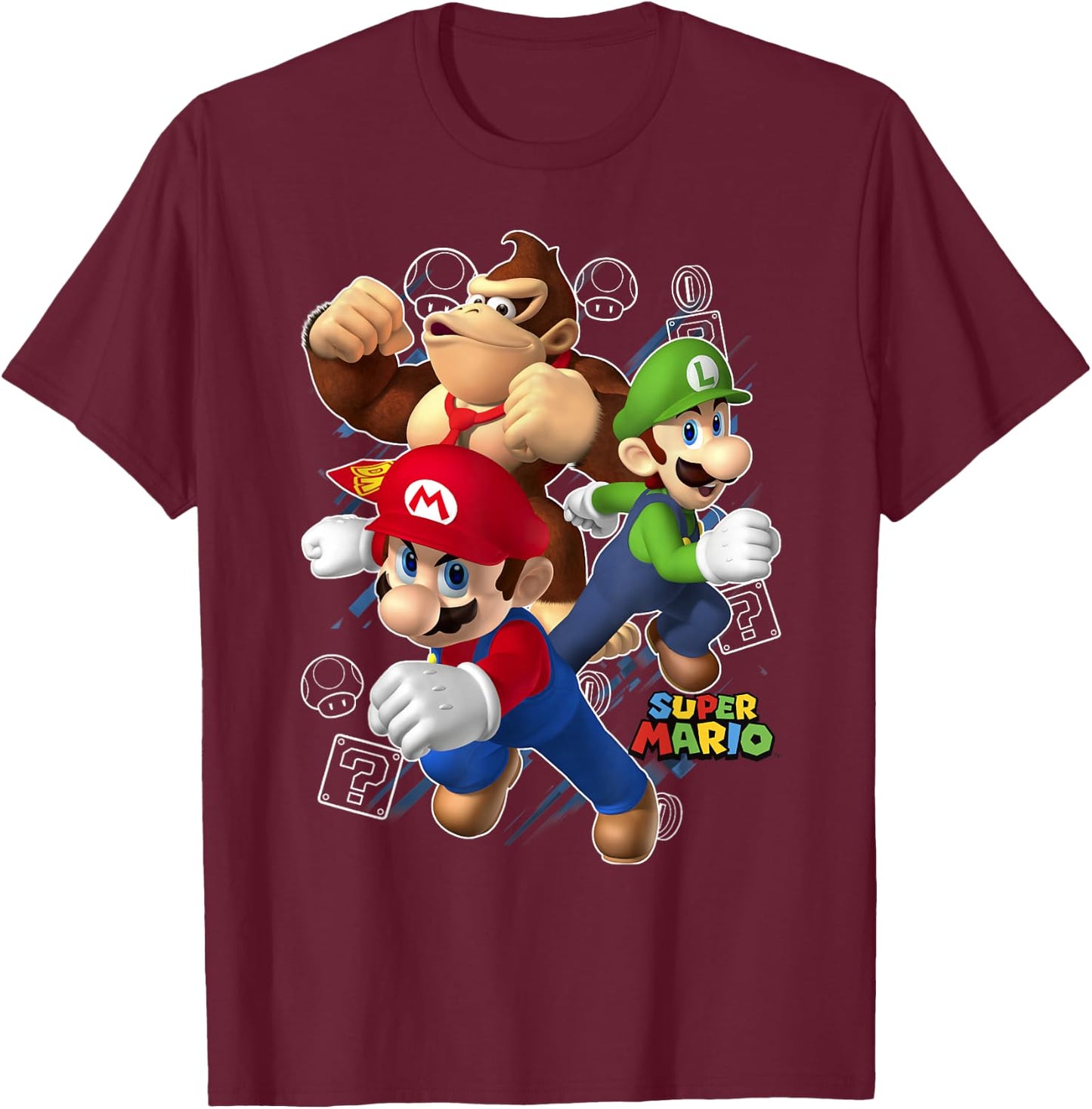 Super Mario Donkey Kong Mario Luigi Action Pose T-Shirt - T-Shirt | Maroon