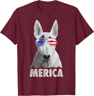 Bull Terrier 4th of July Merica Men American Flag Sunglasses T-Shirt - T-Shirt | Maroon