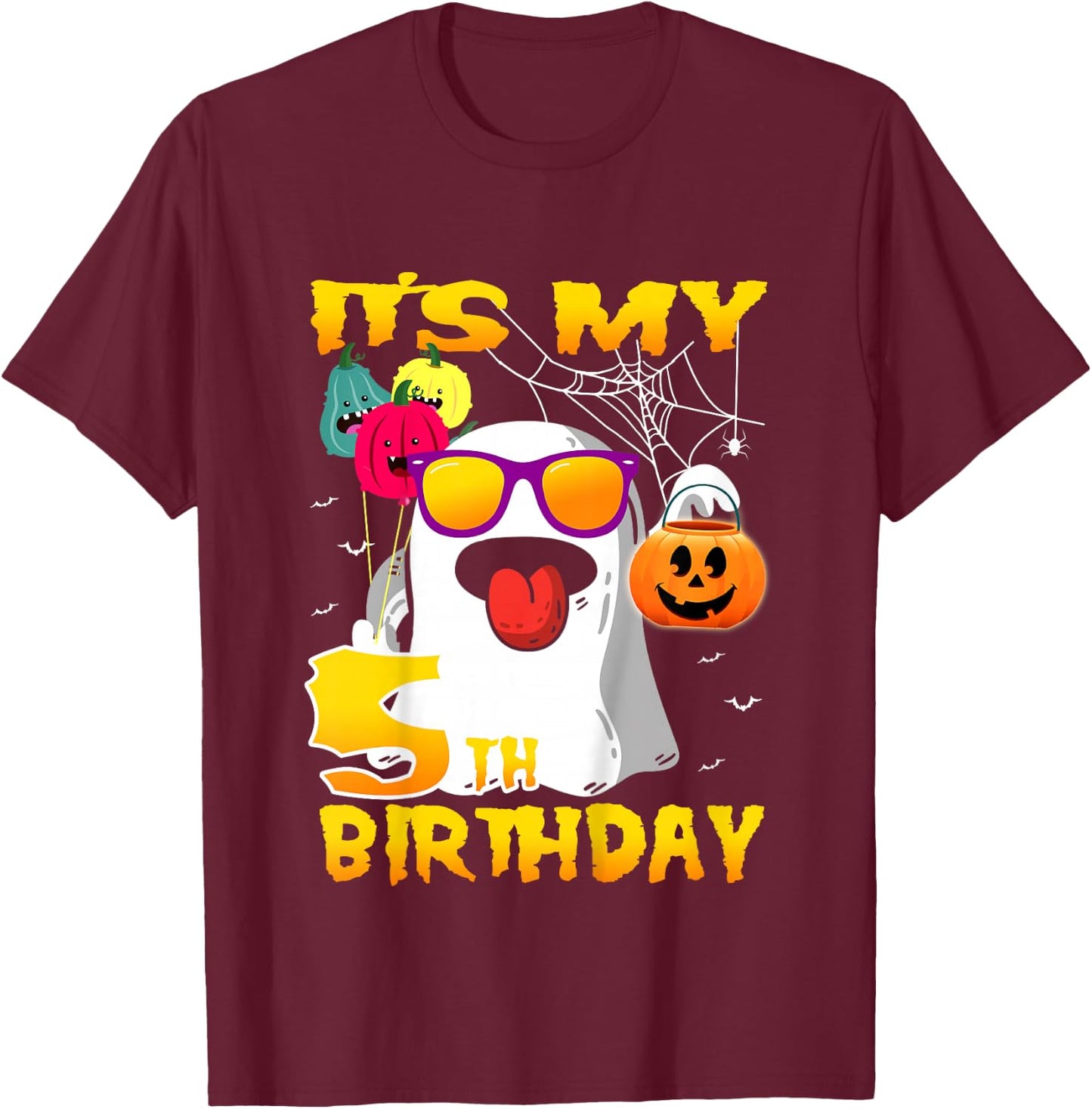 Kids It's My 5th Birthday Ghost Funny Halloween 5 years old Boys T-Shirt - T-Shirt | Maroon