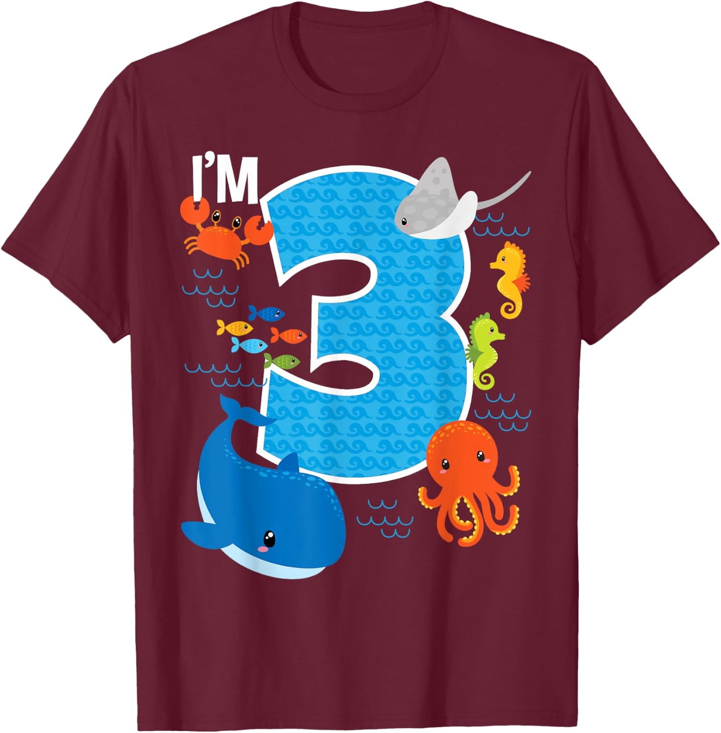 Kids 3 Year Old Birthday Whale Fish Sea Bday Boys and Girls T-Shirt - T-Shirt | Maroon
