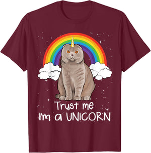 Rainbow Scottish Fold Trust Me I'm A Unicorn Cat Men Women T-Shirt - T-Shirt | Maroon