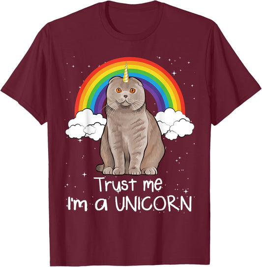 Rainbow Scottish Fold Trust Me I'm A Unicorn Cat Men Women T-Shirt - T-Shirt | Maroon