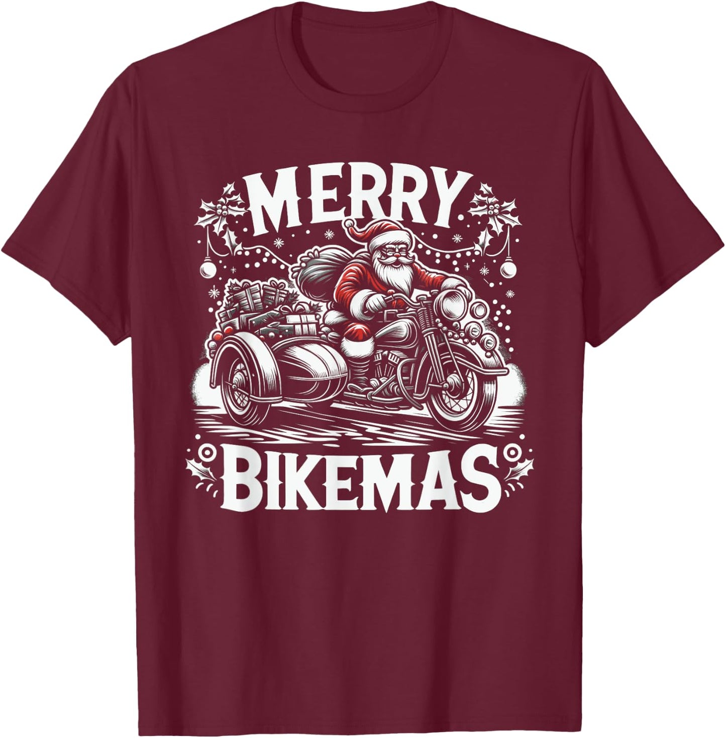 Santa Claus on Motorcycle Biker Christmas T-Shirt - T-Shirt | Maroon