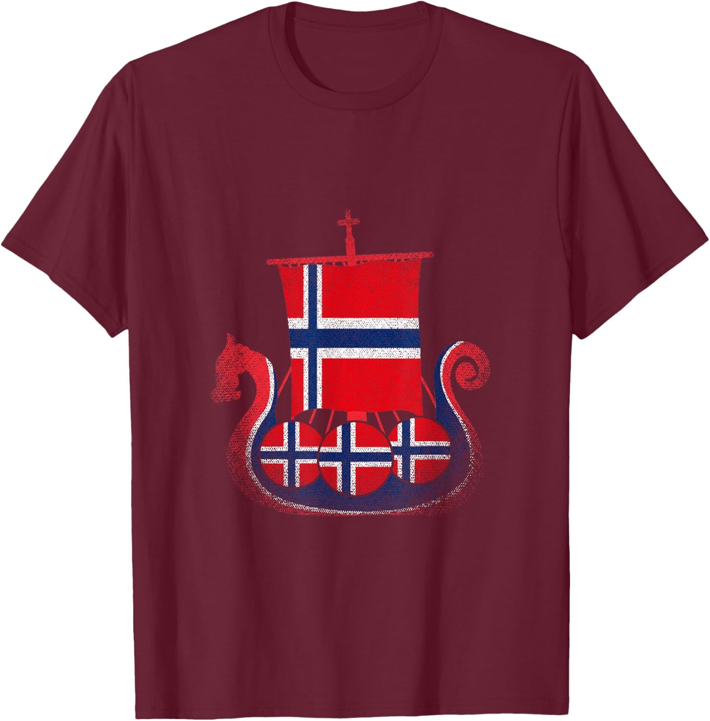 Norwegian Flag Proud Norway Viking Ship - Men's Black Small Classic Fit Short Sleeve Cotton Polyester T-Shirt - T-Shirt | Maroon
