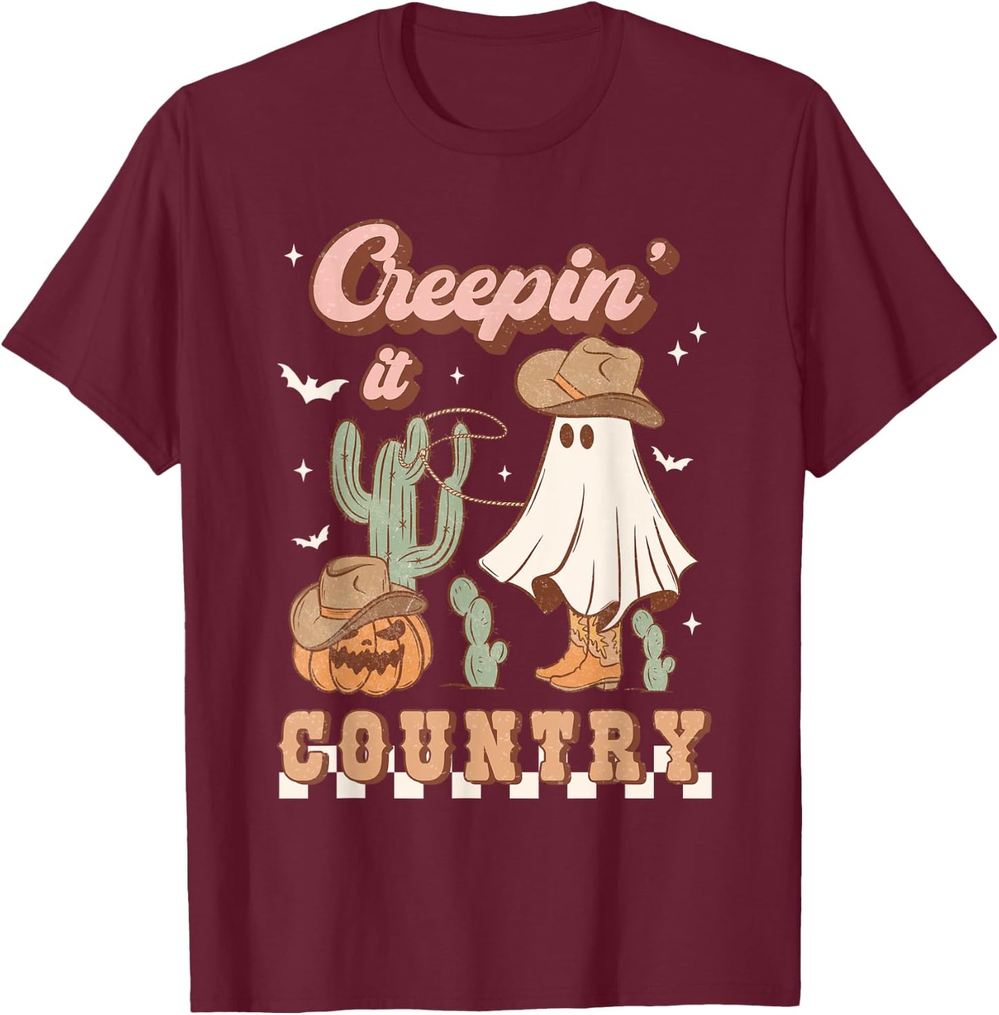 Retro Halloween Cowgirl Ghost Western Creepin' It Country T-Shirt - T-Shirt | Maroon