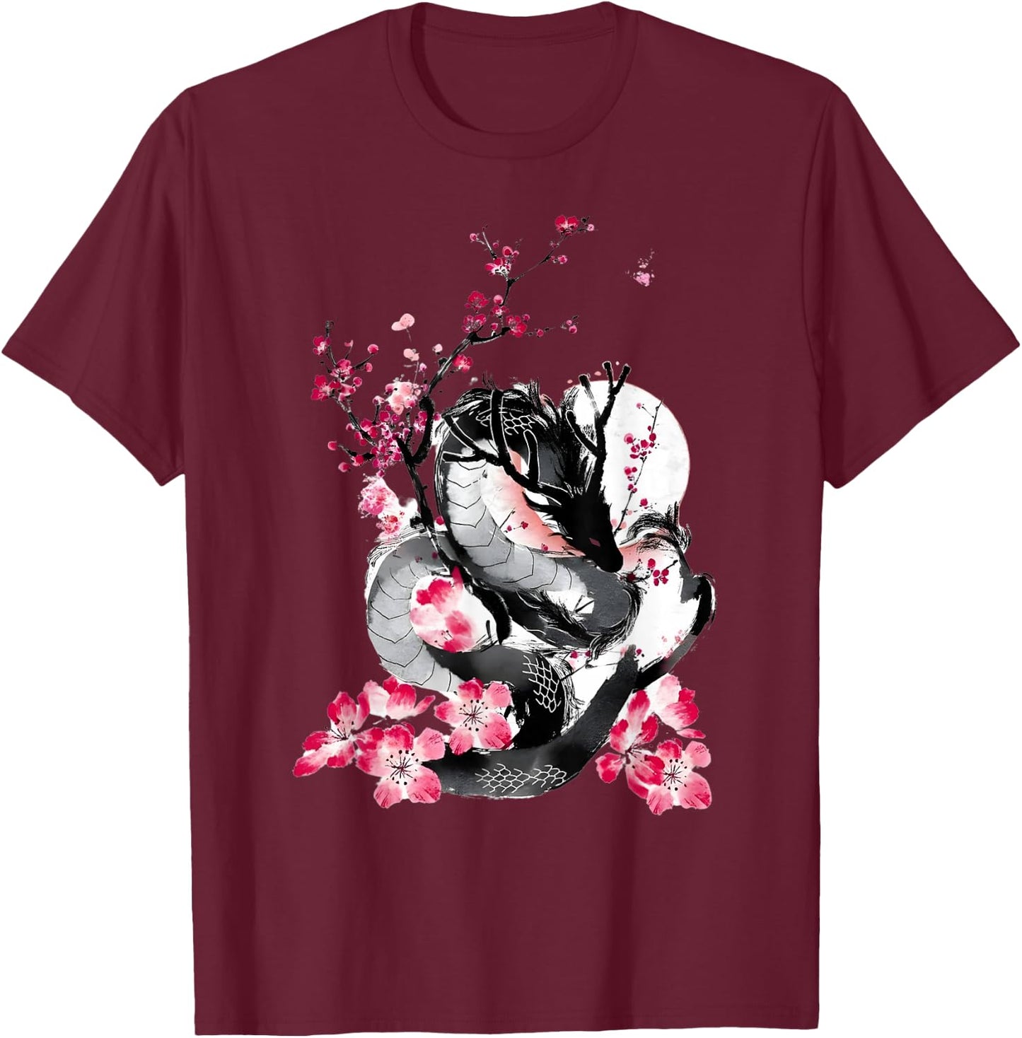 Cherry Blossom Japanese Dragon Asian Retro 80’s Style T-Shirt - T-Shirt | Maroon
