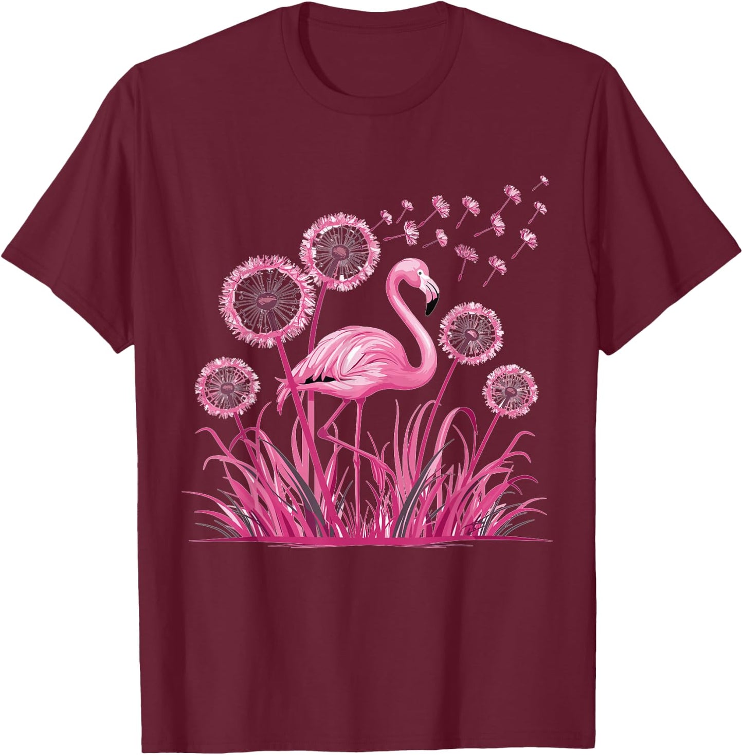 Flower Dandelion Tropical Bird Pink Flamingo T-Shirt - T-Shirt | Maroon