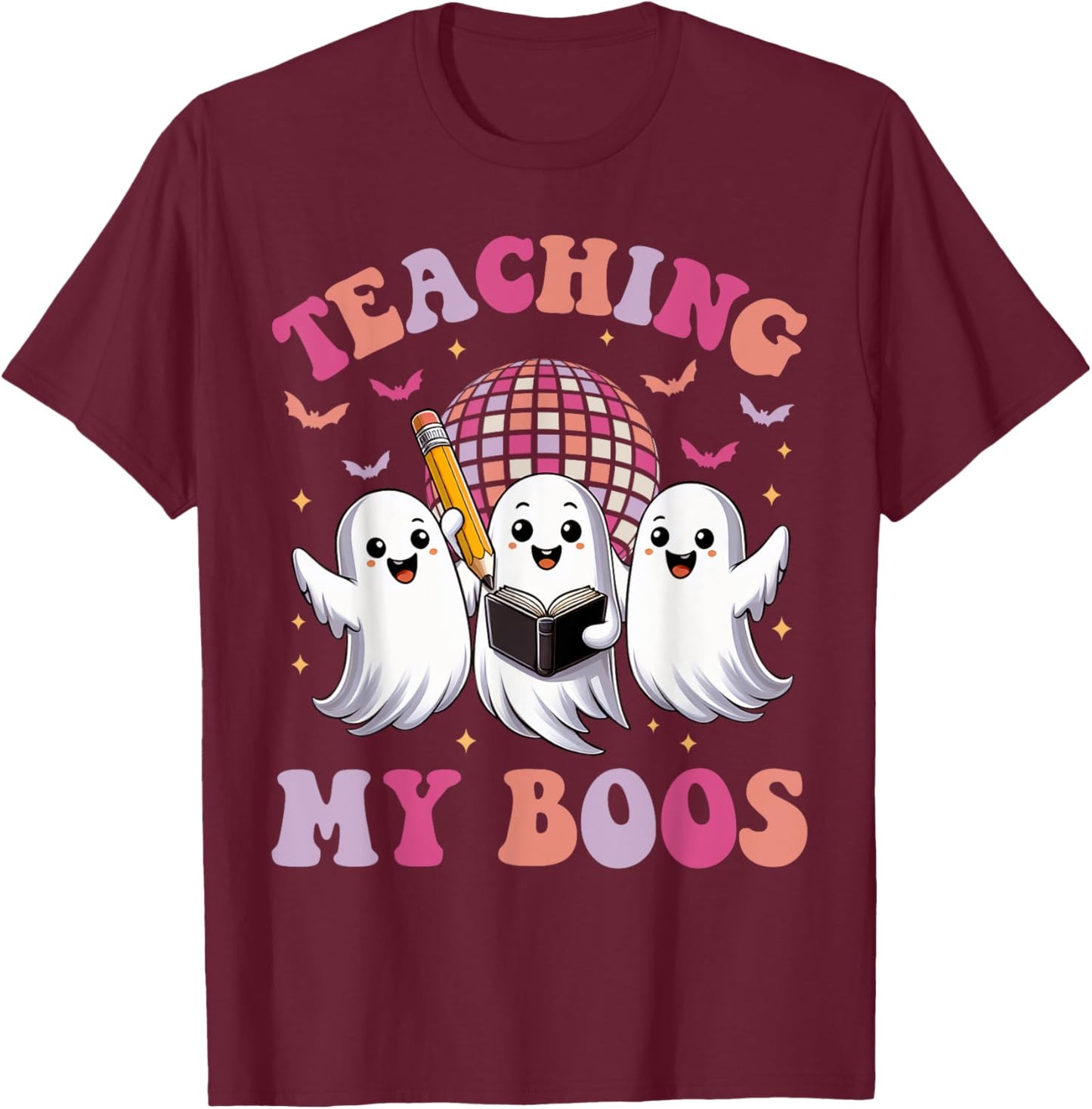 Groovy Teaching My Boos Crew Funny Ghost Halloween Teacher T-Shirt - T-Shirt | Maroon