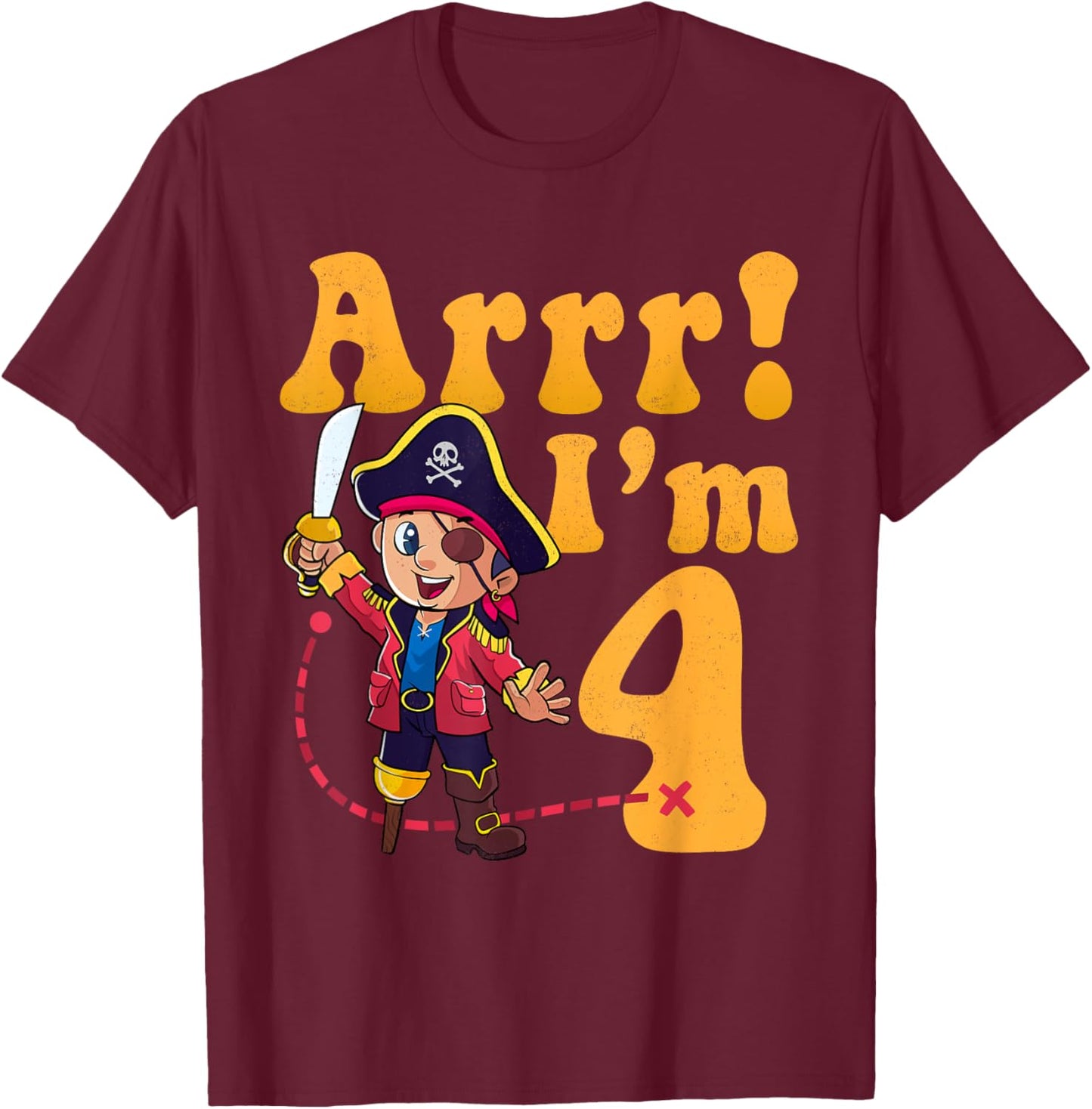 Kids 4th Pirate Birthday Party Arrr I'm 4 Four Years Old T-Shirt - T-Shirt | Maroon