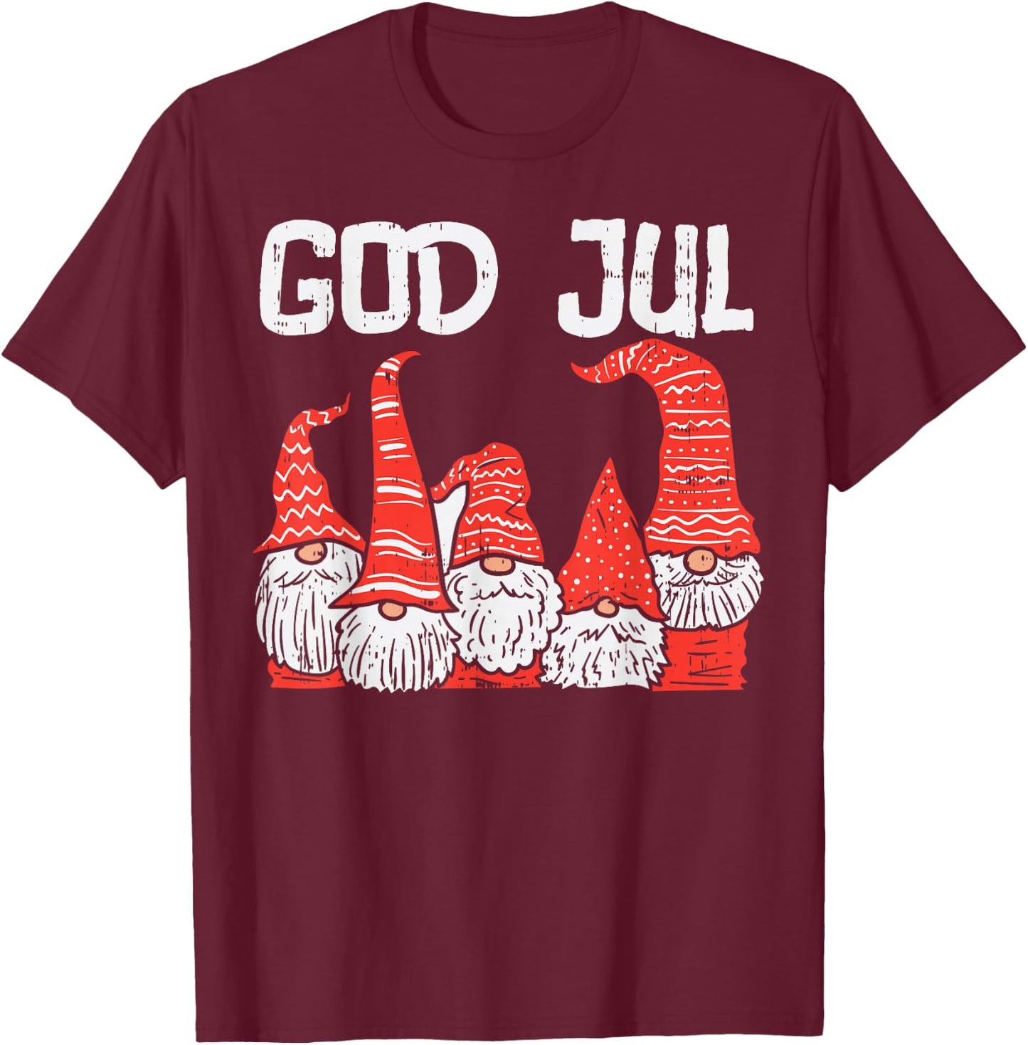 God Jul Three Nordic Gnomes Swedish Norwegian Christmas PJ T-Shirt - T-Shirt | Maroon