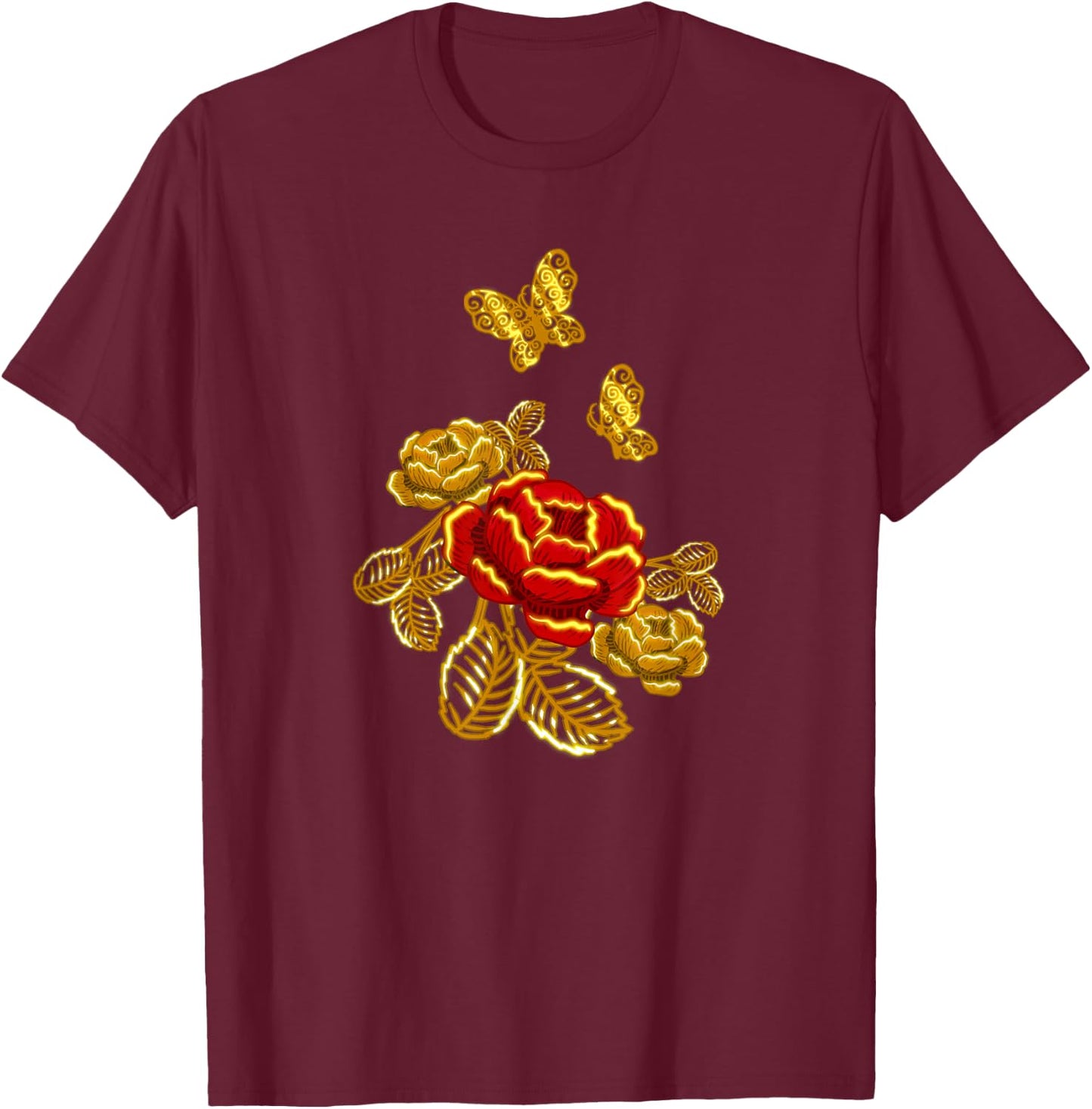Golden Red Butterfly Flower Plant Florist Gift T-Shirt - T-Shirt | Maroon