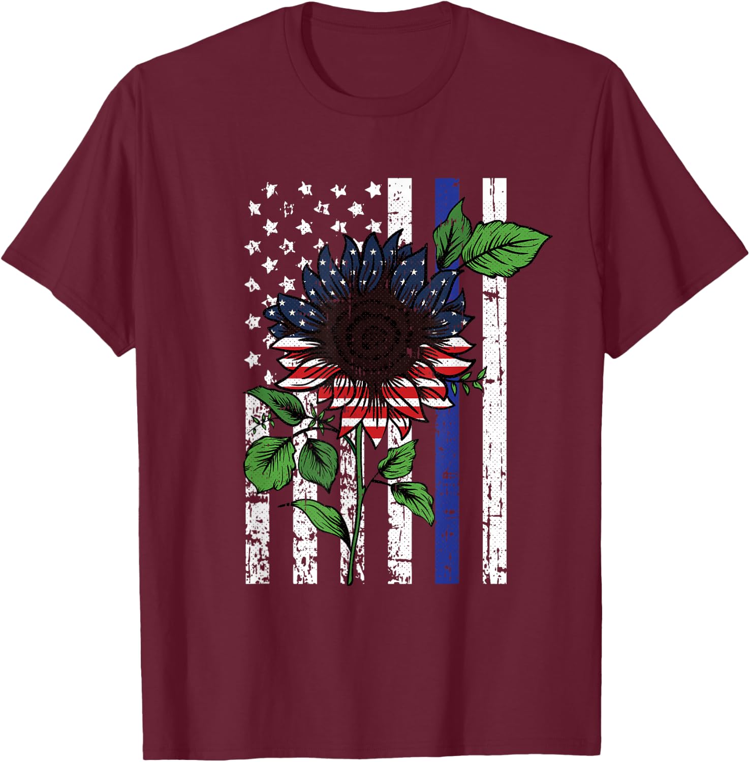 Sunflower American Flag 4th Of July Blue Line USA Police T-Shirt - T-Shirt | Maroon