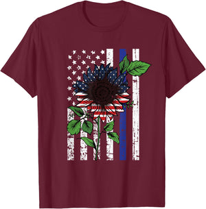 Sunflower American Flag 4th Of July Blue Line USA Police T-Shirt - T-Shirt | Maroon
