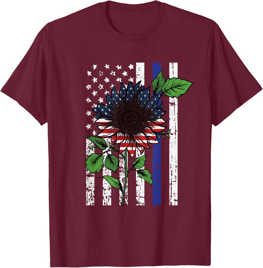 Sunflower American Flag 4th Of July Blue Line USA Police T-Shirt - T-Shirt | Maroon