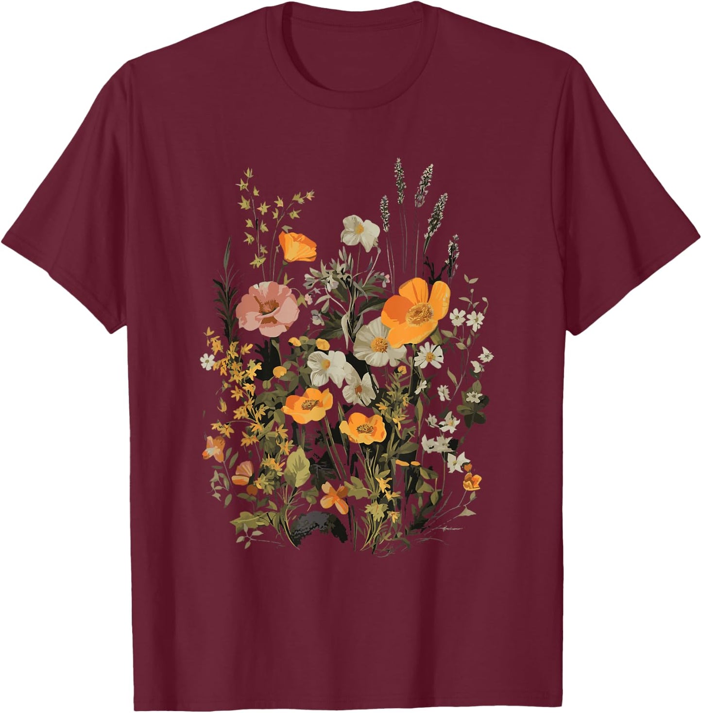 Vintage Flowers Floral Pressed Flower T-Shirt - T-Shirt | Maroon