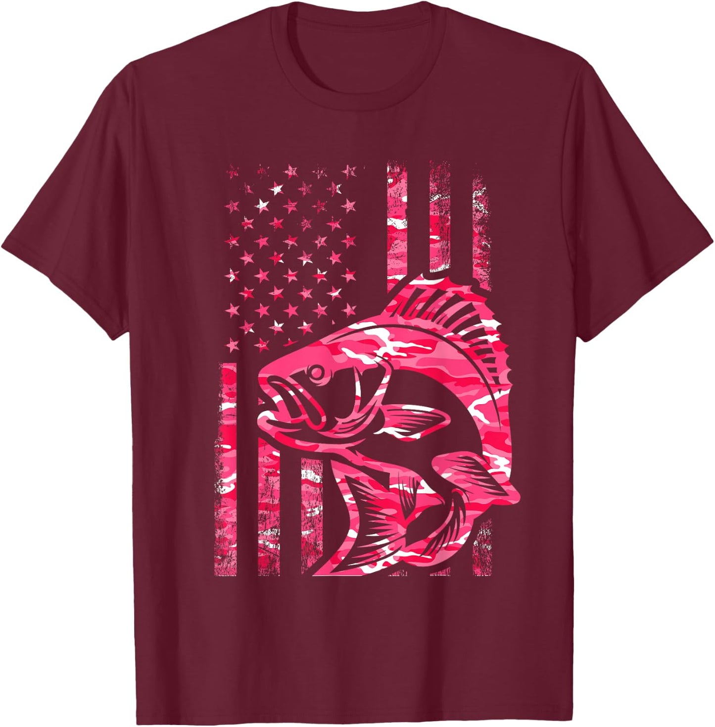 Pink Camo American Flag Fishing Shirt Women Bass Fishing T-Shirt - T-Shirt | Maroon