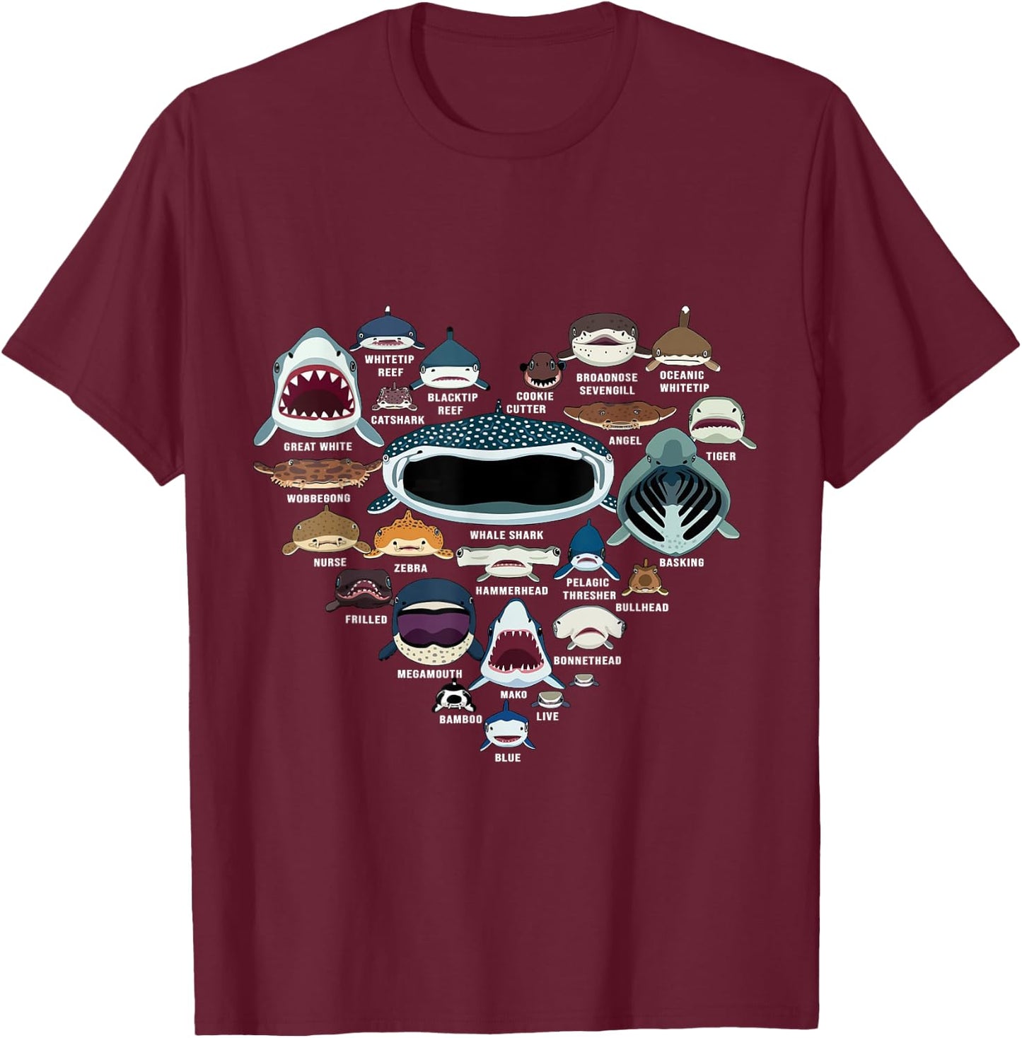 Types Of Shark Identification - Shark Faces - Shark Heart T-Shirt - T-Shirt | Maroon