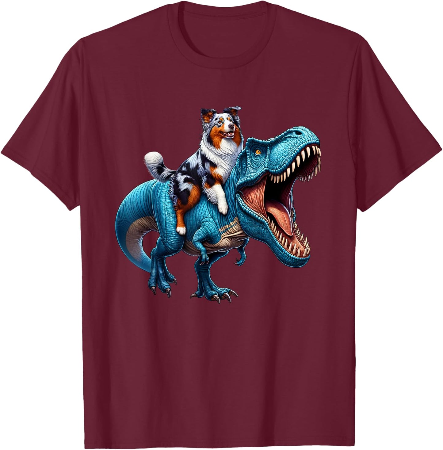 Australian Shepherd Riding T-Rex Dinosaur Funny Dog Lover T-Shirt - T-Shirt | Maroon