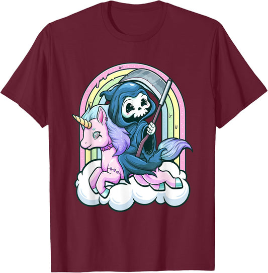 Kawaii Pastel Goth Cute Creepy Unicorn Grim Reaper T-Shirt - T-Shirt | Maroon