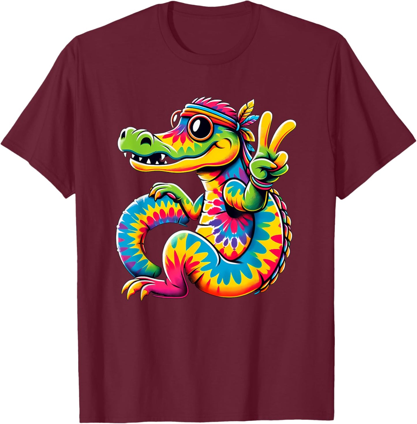 Peace Sign Tie Dye Alligator T-Shirt - T-Shirt | Maroon