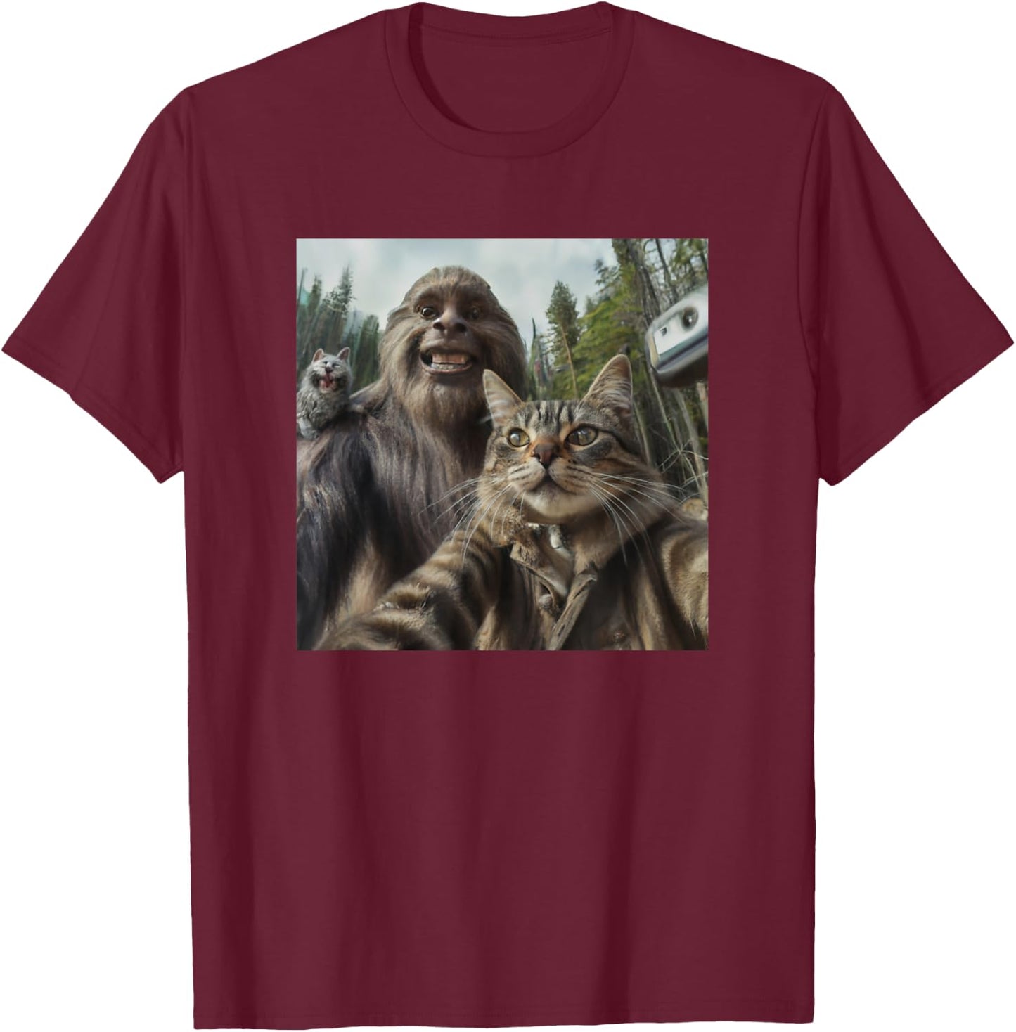 Cat Bigfoot Sasquatch Selfie Photo Funny Retro Classic Humor T-Shirt - T-Shirt | Maroon