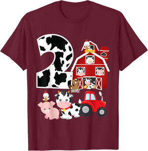 Farm Barnyard Theme Pig Cow Horse 2nd Birthday 2 Yrs Old T-Shirt - T-Shirt | Maroon