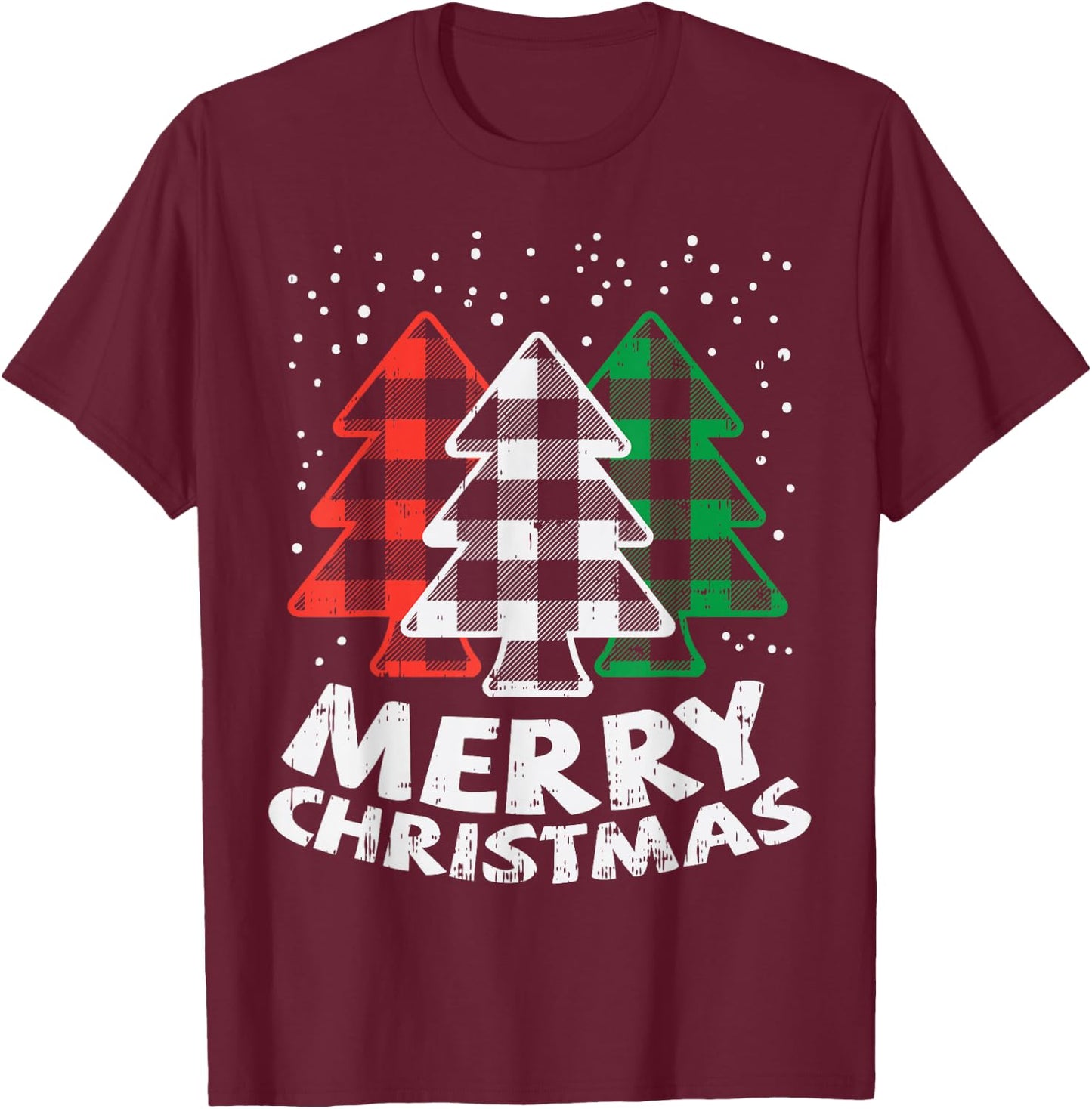 Green White Red Buffalo Plaid Merry Christmas Trees Gift T-Shirt - T-Shirt | Maroon