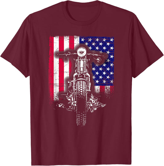Motorcycle Rider Bike Riding US Flag American Pride Biker T-Shirt - T-Shirt | Maroon