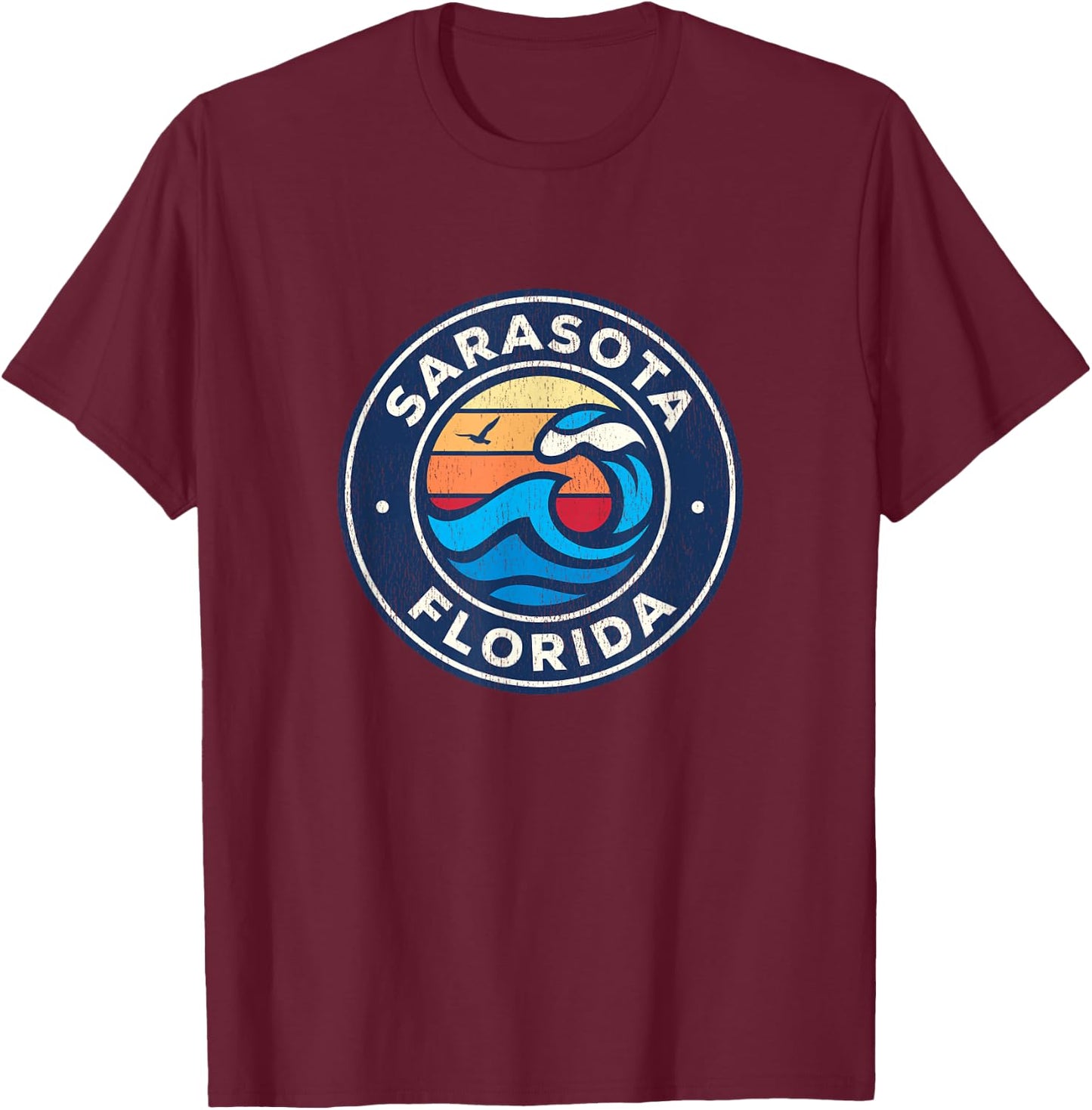 Sarasota Florida FL Vintage Nautical Waves Design T-Shirt - T-Shirt | Maroon
