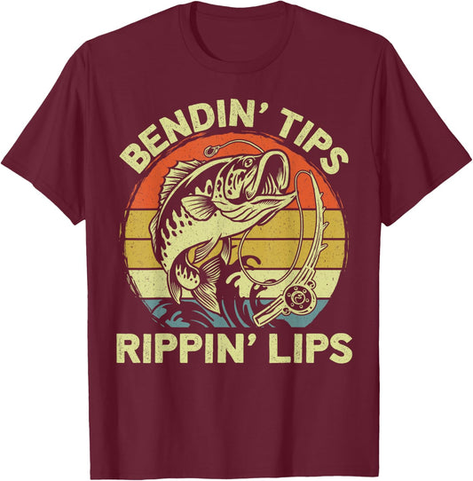 Bendin' Tips Rippin' Lips - Funny Fishing Quote Funny Dad T-Shirt - T-Shirt | Maroon