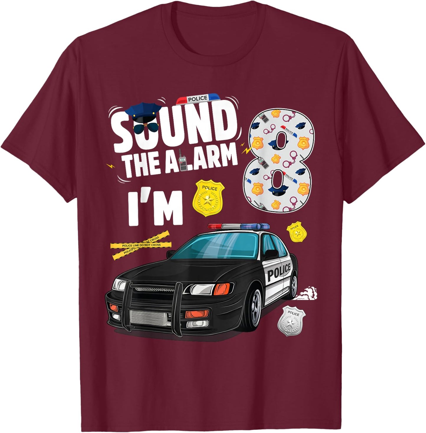 Police Car 8th Birthday Boy 8 year old Cop Policeman Officer T-Shirt - T-Shirt | Maroon