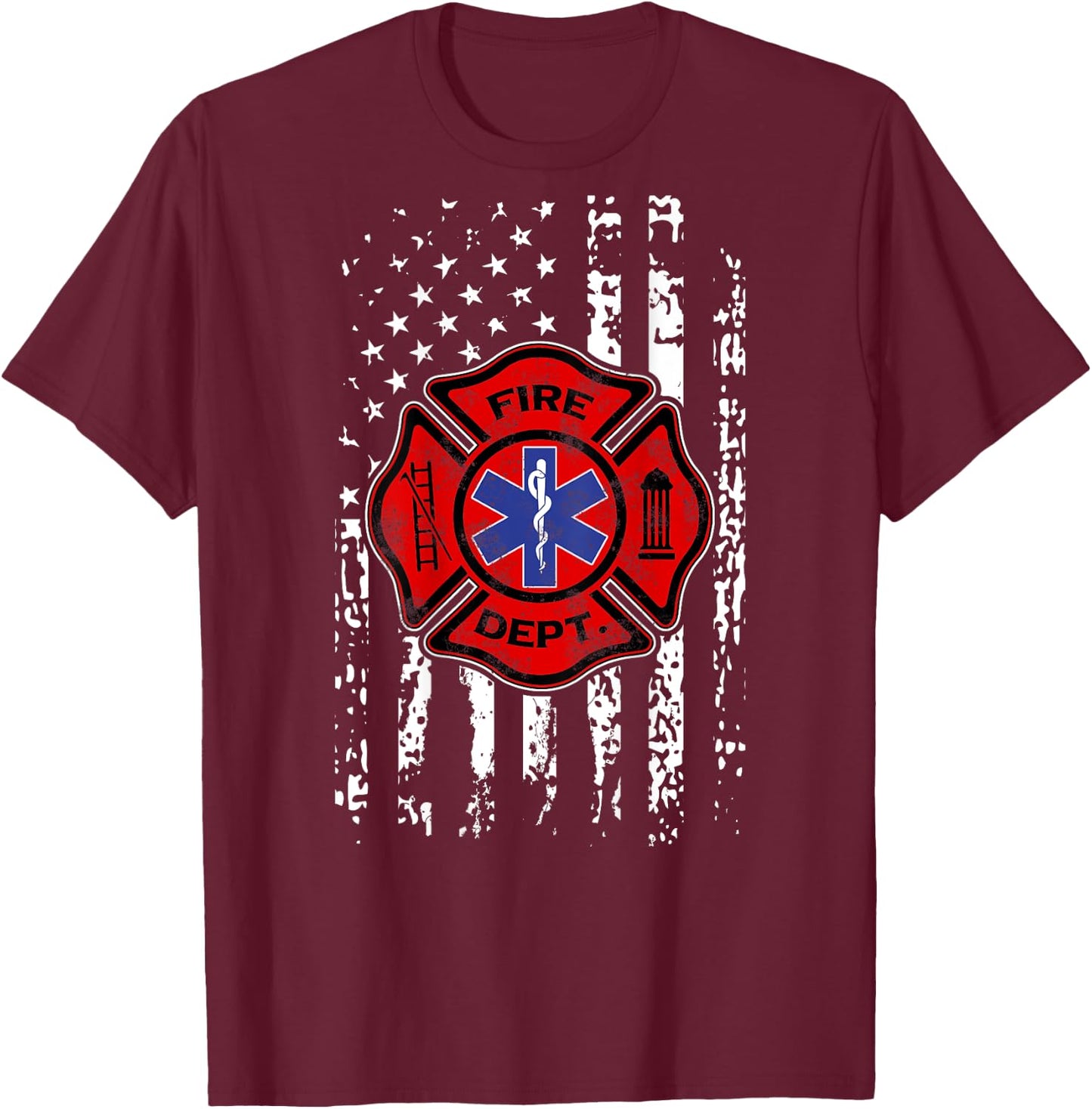 EMT Firefighter Shirt Fireman EMS USA Flag Gift Back Print T-Shirt - T-Shirt | Maroon