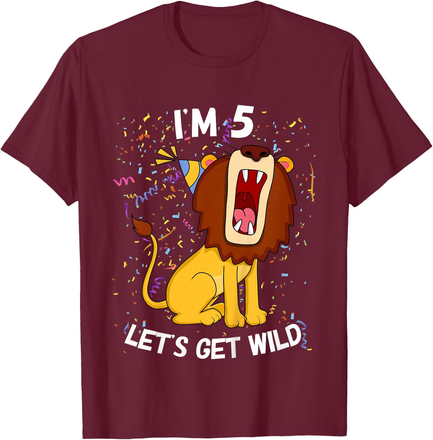 Kids 5 Year Old 5th Birthday Party Lion T-Shirt - T-Shirt | Maroon