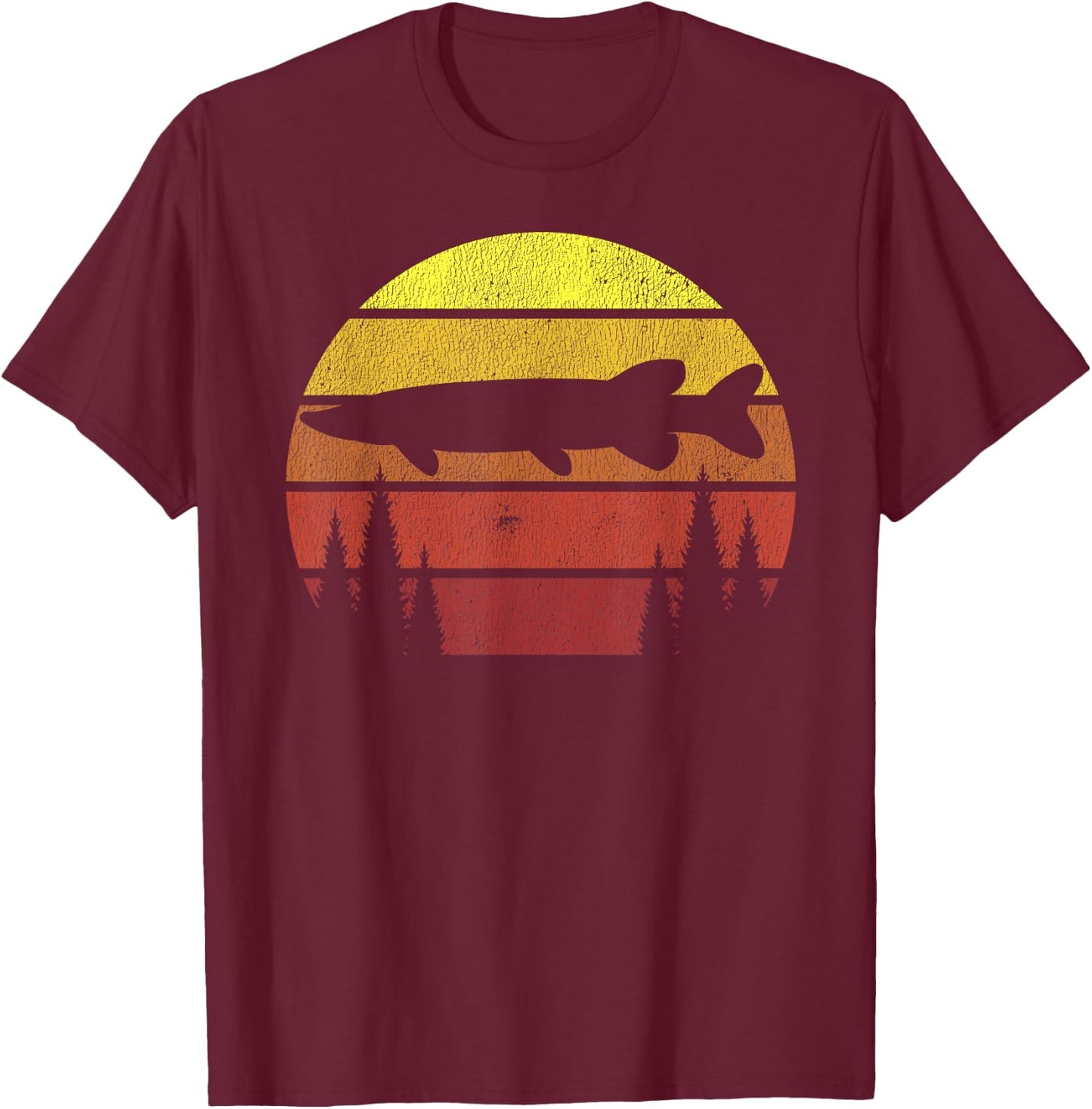 Northern Pike Retro Fishing Outline Fisherman T-Shirt - T-Shirt | Maroon