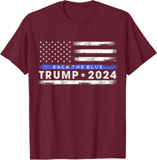 Pro Trump 2024 Back The Blue Thin Blue Line American Flag T-Shirt - T-Shirt | Maroon