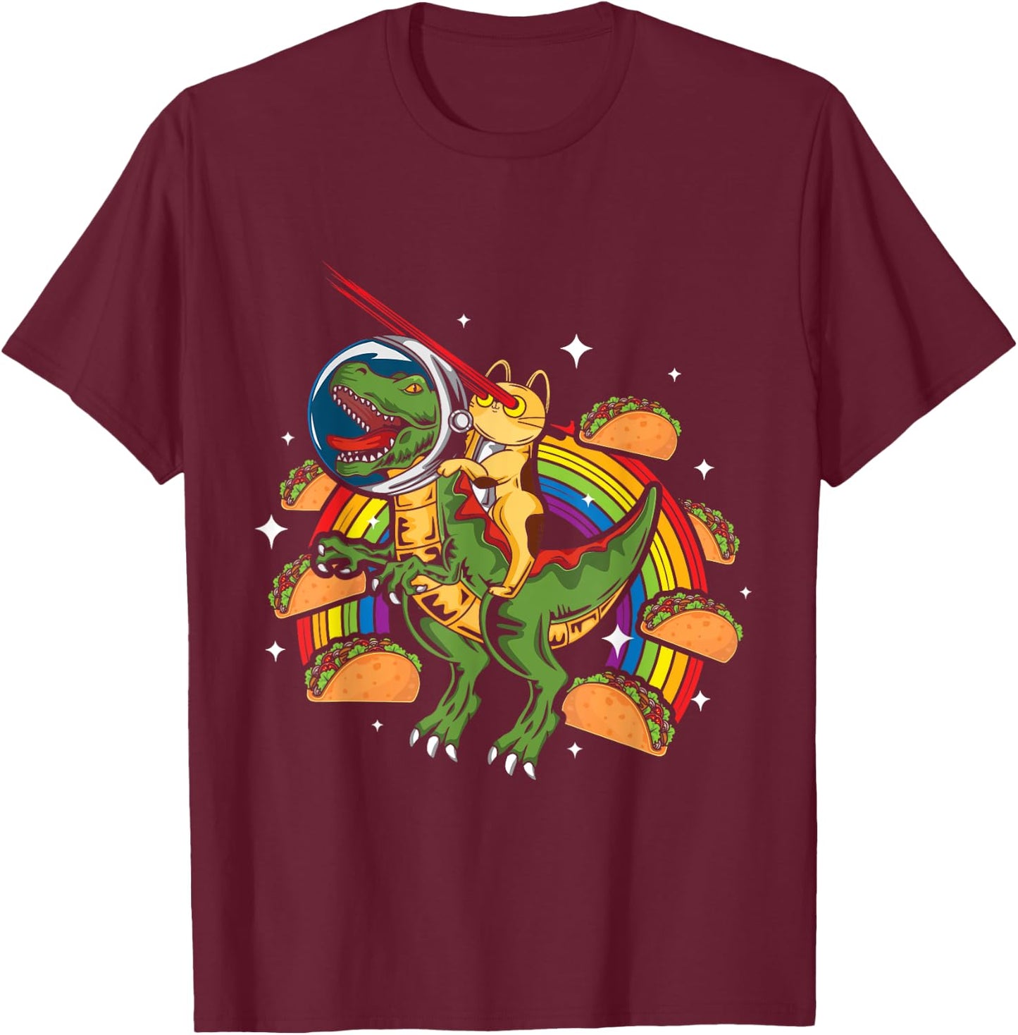 Crazy T-Rex Riding Cat Laser Eye Taco Rainbow Space Dinosaur Women Girls Kids T-Shirt - T-Shirt | Maroon