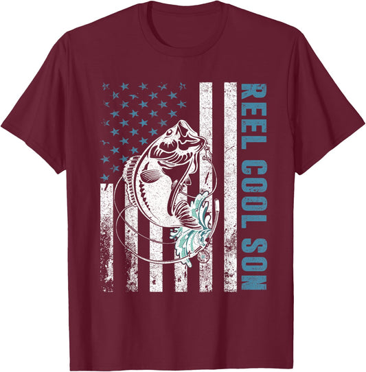 Fishing Lovers Gifts Reel Cool Son American Flag T-Shirt - T-Shirt | Maroon