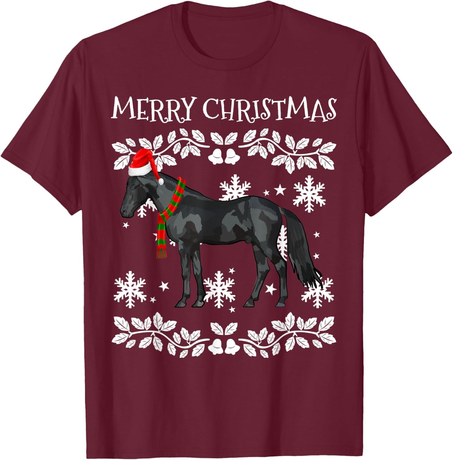 Merry Christmas Ornament Black Horse Ugly Xmas T-Shirt - T-Shirt | Maroon
