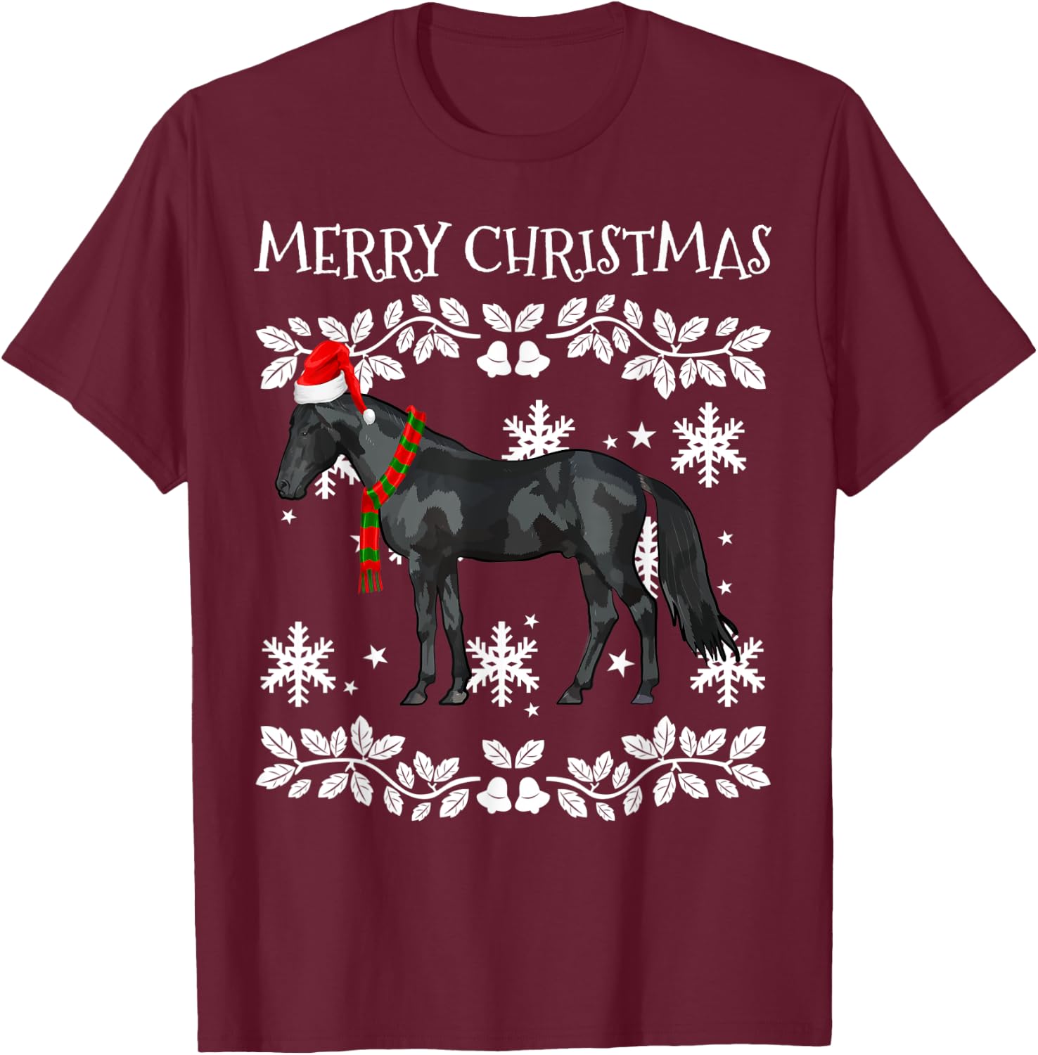 Merry Christmas Ornament Black Horse Ugly Xmas T-Shirt - T-Shirt | Maroon