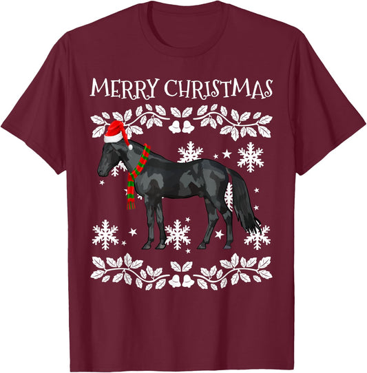Merry Christmas Ornament Black Horse Ugly Xmas T-Shirt - T-Shirt | Maroon