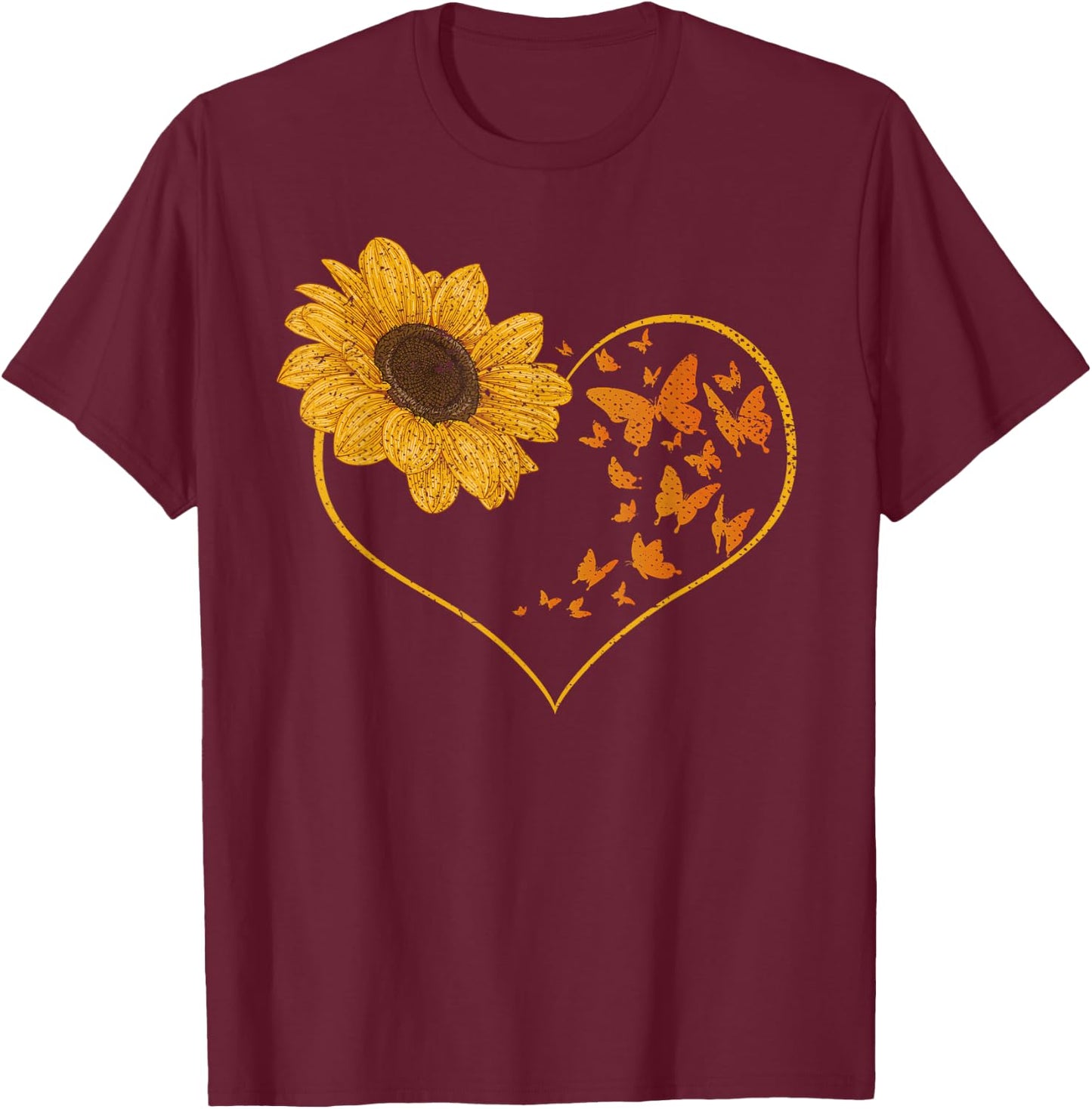 Butterfly Yellow Flowers Heart Hippie Sunflower T-Shirt - T-Shirt | Maroon