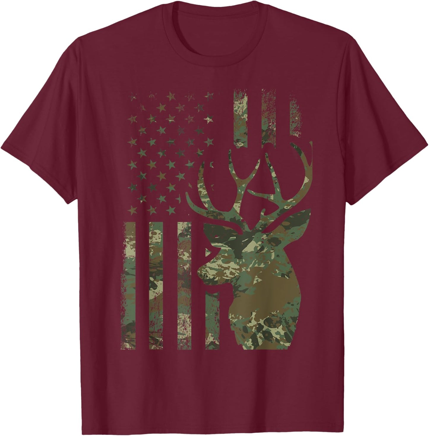 Camo American Flag Buck Hunting Gift Elk Deer Hunter Men T-Shirt - T-Shirt | Maroon