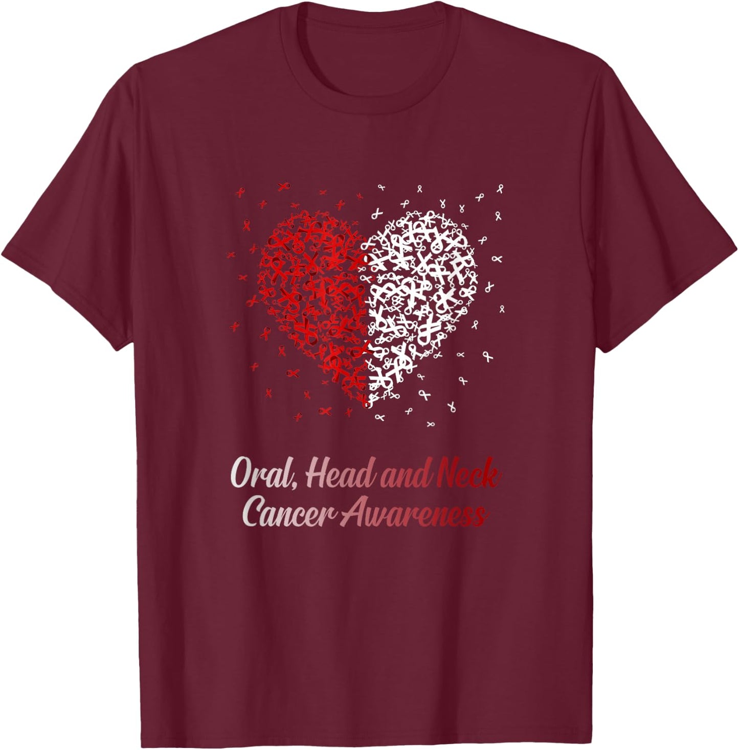 Burgundy White Heart Ribbon Oral Head Neck Cancer Awareness T-Shirt - T-Shirt | Maroon