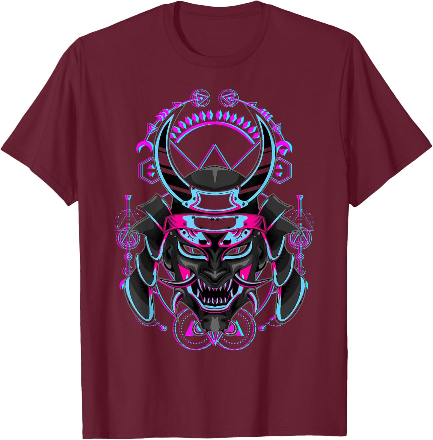 Japanese Demon Samurai Oni Face Mask Glitch T-Shirt - T-Shirt | Maroon
