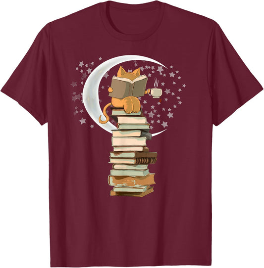 Kawaii Reading by moonlight, books, coffee and cute cat Men Women Girls Kids T-Shirt - T-Shirt | Maroon