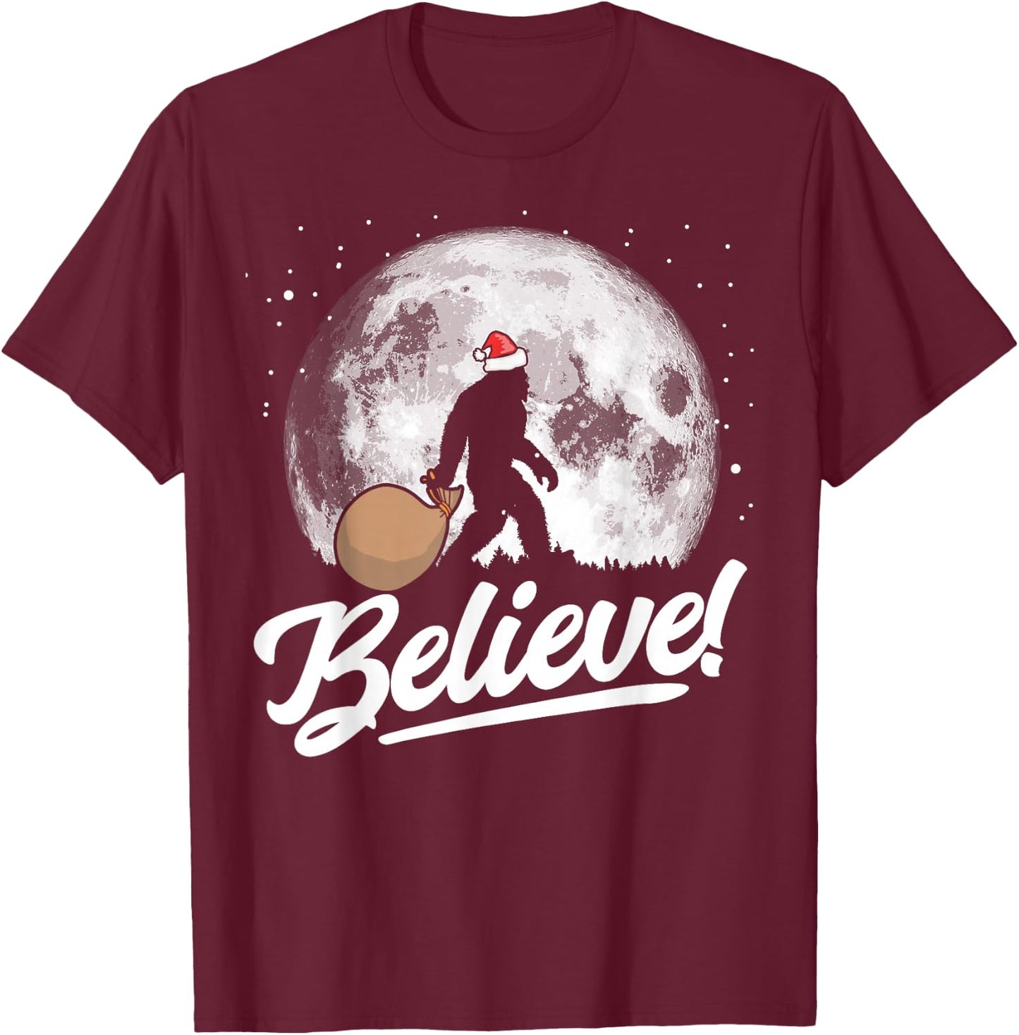 Believe! Santa Bigfoot Christmas Snow & Moon Night Graphic T-Shirt - T-Shirt | Maroon