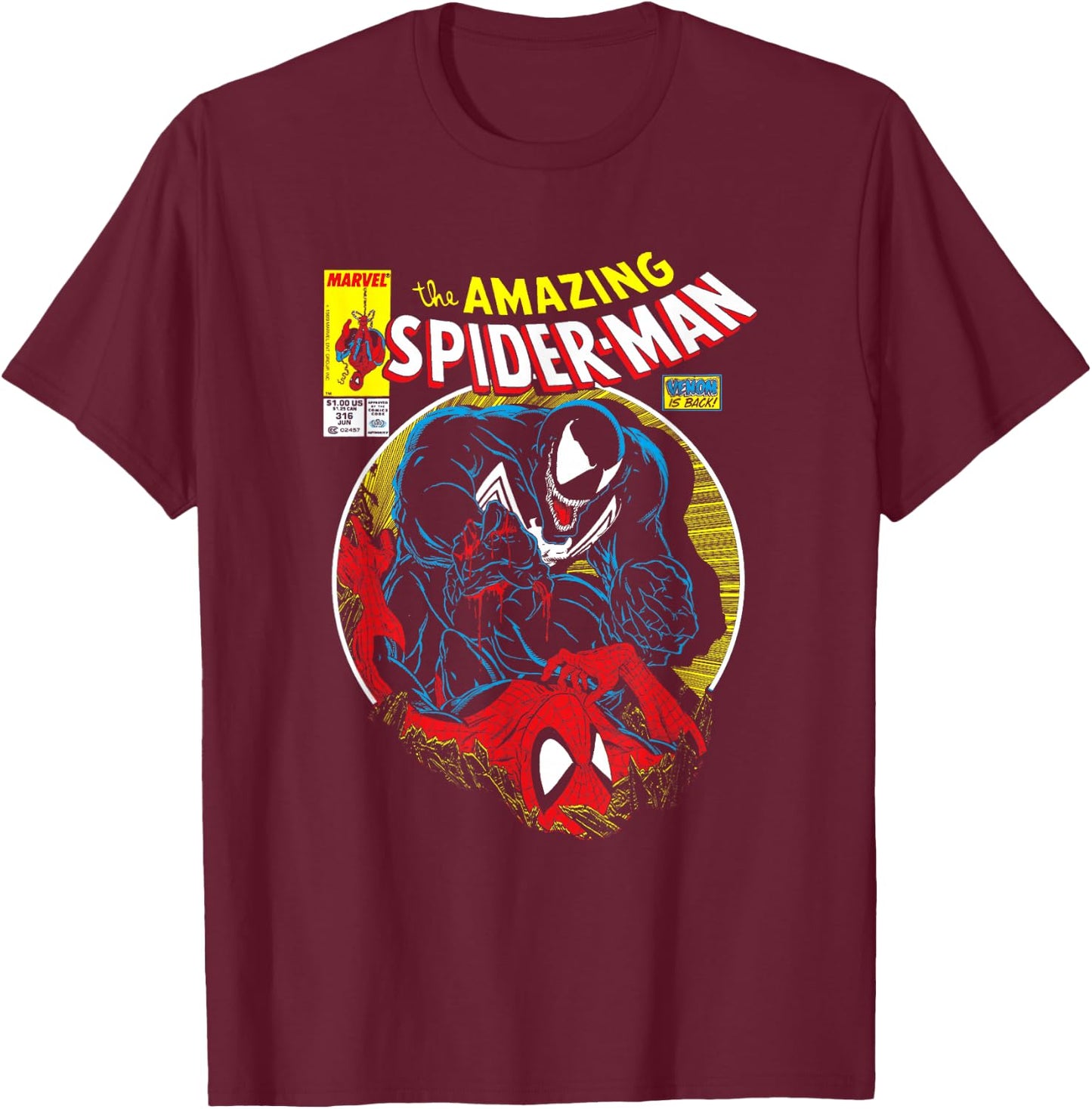 Marvel Spider-Man VS Venom Bloody Battle Comic Cover T-Shirt - T-Shirt | Maroon