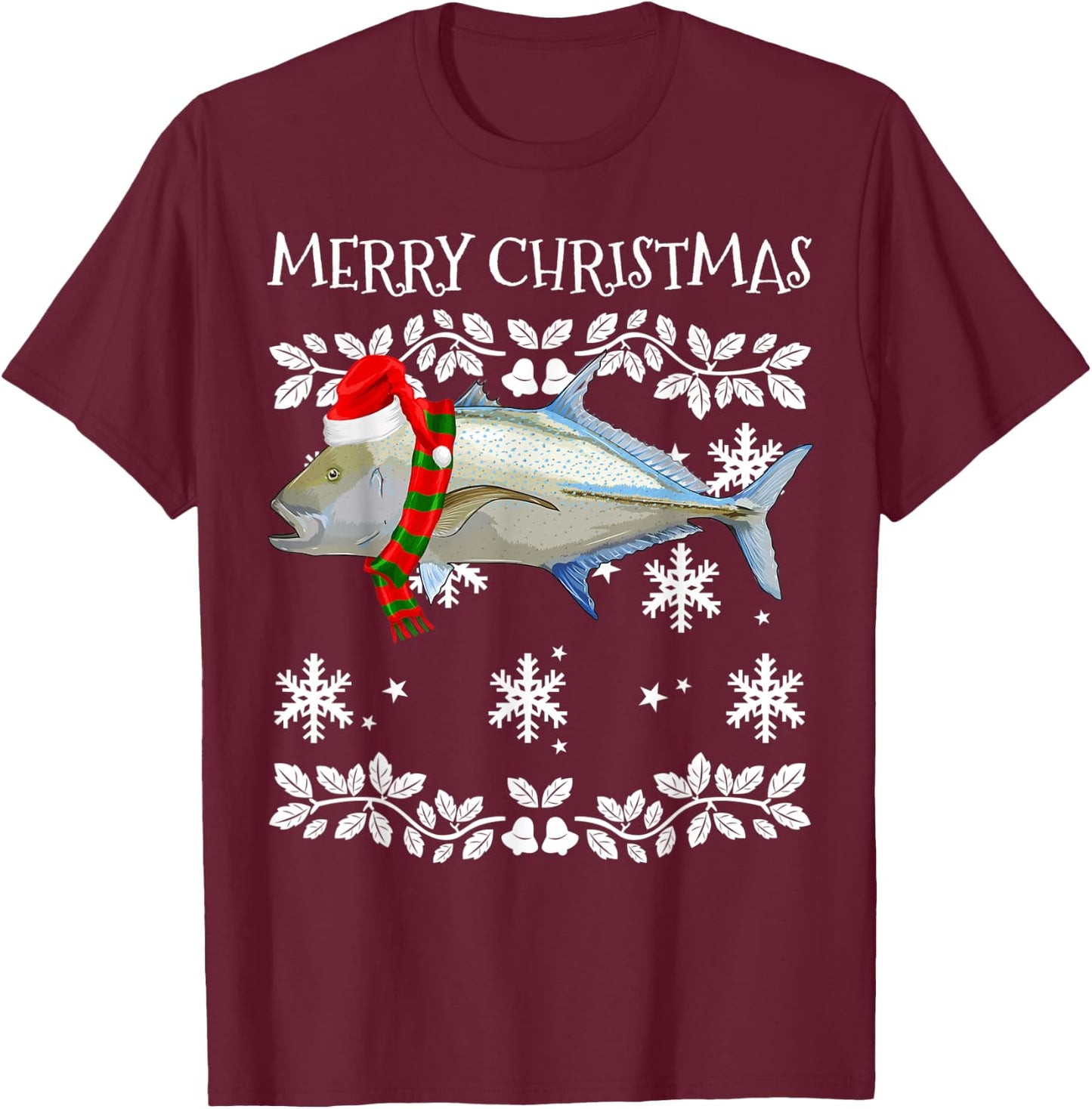 Fish Merry Christmas Ornament Bluefin Trevally Ugly Xmas T-Shirt - T-Shirt | Maroon