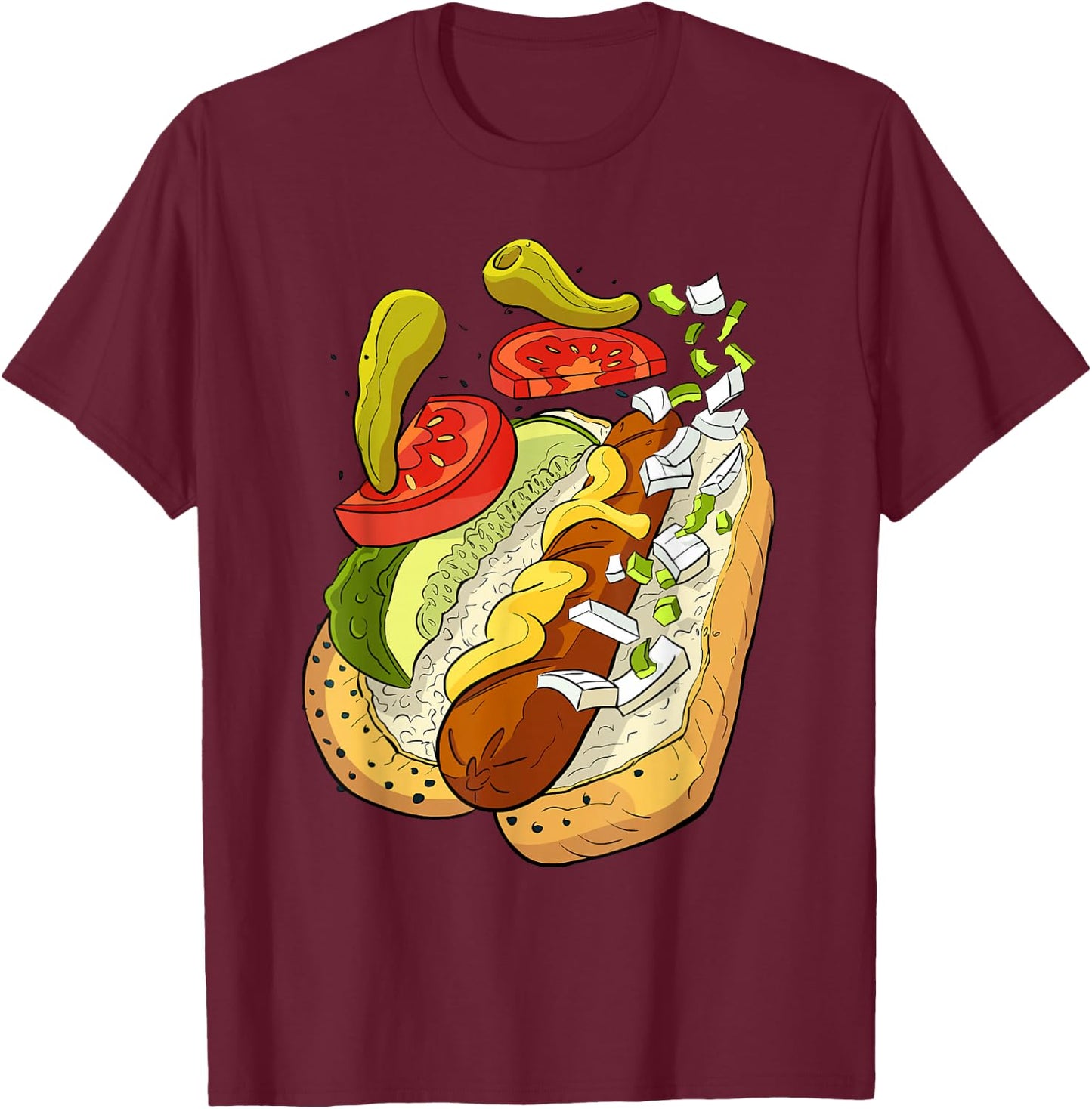 Official Chicago Style Hot Dog Street Art T-Shirt - T-Shirt | Maroon