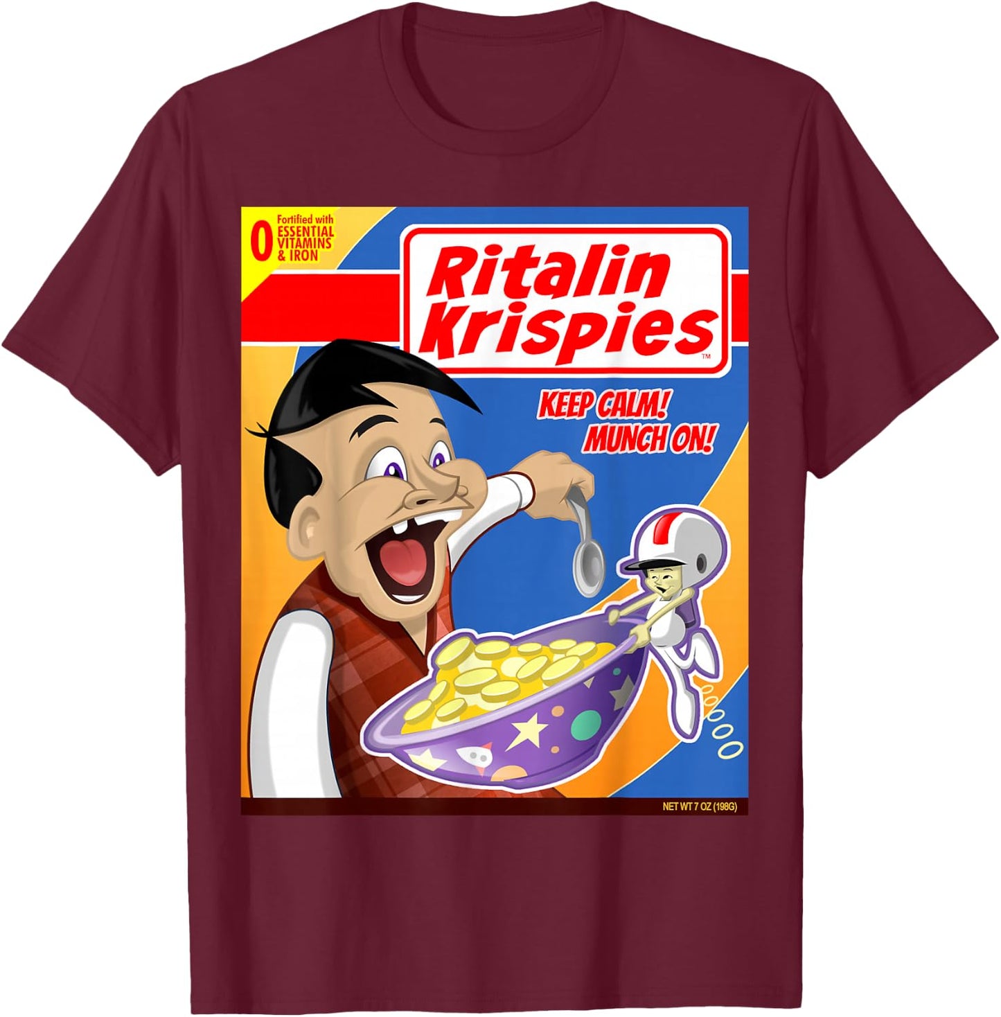 Ritalin Krispies Cereal Box T-Shirt - T-Shirt | Maroon